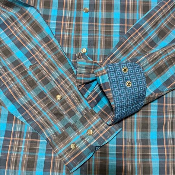 Panhandle Pearl Snap Shirt Men XL Western Blue Plaid Rockabilly Cowboy Flip Cuff - Picture 8 of 9